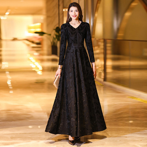 早秋大摆提花蕾丝长袖连衣裙