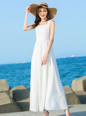 白色长裙女2026新款长款大摆裙夏收腰无袖修身气质蕾丝拼接连衣裙