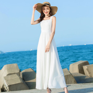 白色长裙女2026新款长款大摆裙夏收腰无袖修身气质蕾丝拼接连衣裙