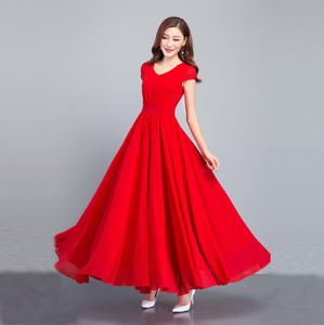 连衣裙女2026夏季新款修身雪纺大摆长裙 V领波西米亚裙气质沙滩裙