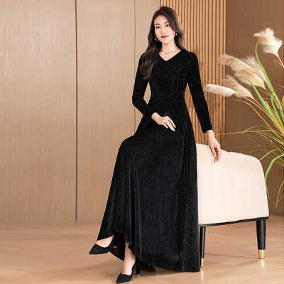 春秋长袖连衣裙黑色超长裙