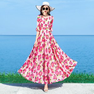 夏季新款连衣裙女2023粉红色印花雪纺大摆裙沙滩裙长款到脚裸长裙