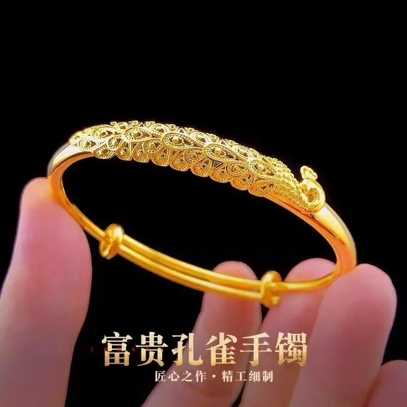 【掉色慢】越南沙金色古法民族风富贵孔雀推拉手镯花丝宫廷风