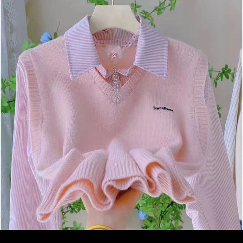 学院风毛衫秋季新款假两件拼接针织衫别致小众马甲长袖上衣毛衣