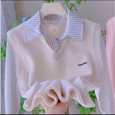 针织衬衫假两件毛衣女春秋短款学院风条纹马甲拼接软糯百搭上衣