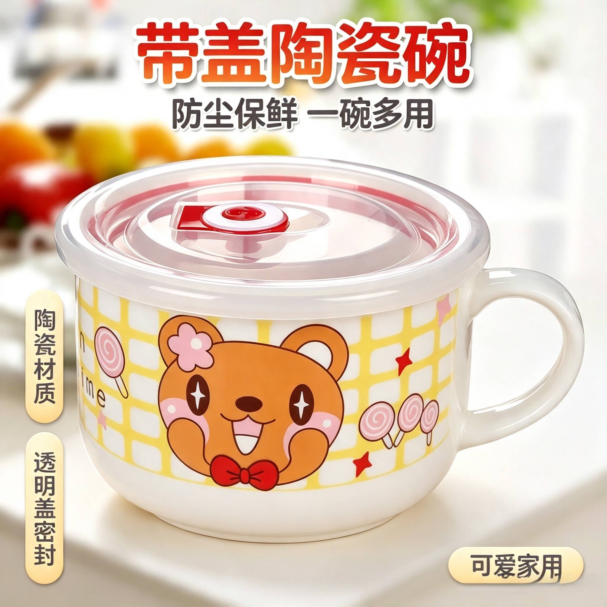 有盖陶瓷密封保鲜碗带手柄学生图片