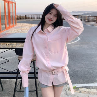 粉色甜美宽松长袖Polo领衬衫女上衣+腰带春季收腰衬衣轻奢高级感