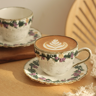 胡桃集市法式复古葡萄浮雕咖啡杯碟下午茶杯拉花杯早餐杯高档礼物