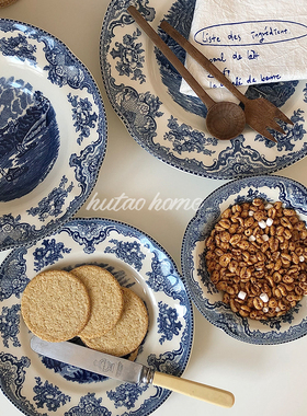ins风英式复古蓝色系餐盘早餐盘甜品盘沙拉碗意面盘汤碗牛排盘