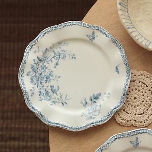胡桃集市复古青花甜品盘中古风早餐盘蓝色花边水果盘陶瓷平盘