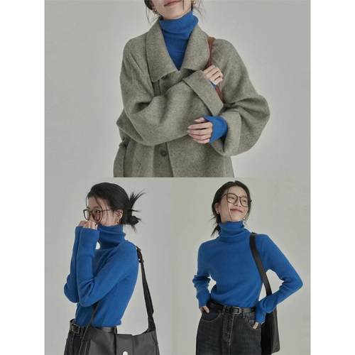 蓝色高领内搭打底针织衫