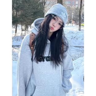 hiphop流行连帽上衣 外套美式 灰色加绒加厚卫衣女2025新款 秋冬季