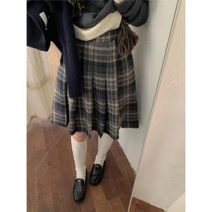 半裙高腰显瘦学院风格 大码 纹中裙 灰色格子百褶裙女秋冬新款 韩版