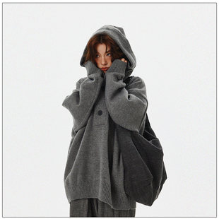 达蒙岛美式覆古慵懒风半开衫钮扣连帽毛衣男女宽松情侣针织衫外套