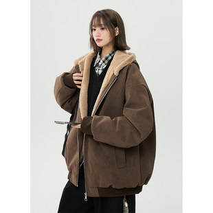 美式 宽松加厚保暖棉衣外套 复古座山雕毛领连帽棉服女学生胖mm大码
