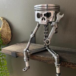 跨境Carving Skull Face 雕刻活塞骷髅脸雕塑金属艺术雕像 Piston