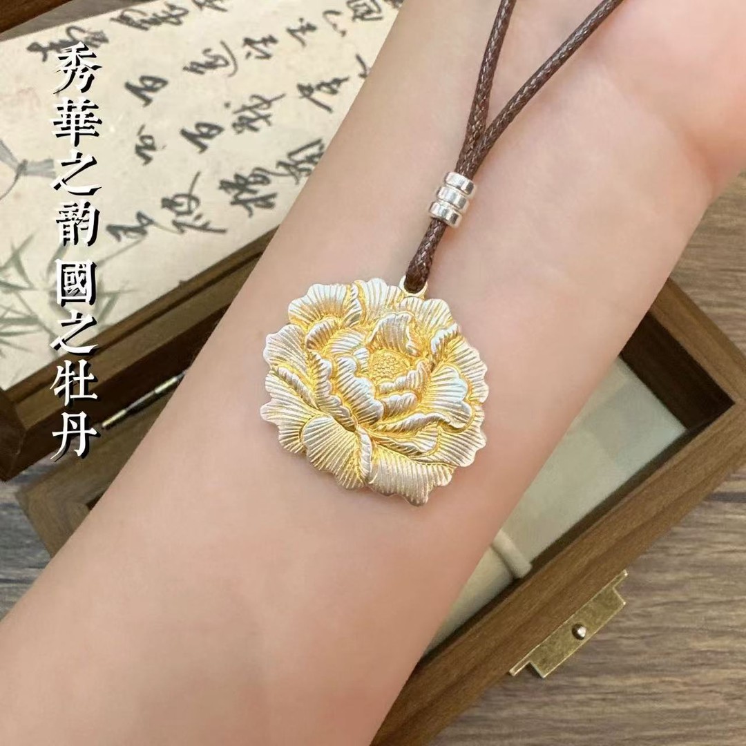 吊坠足银 足银999描金牡丹花吊坠女新中式国风手工编绳毛衣链项链