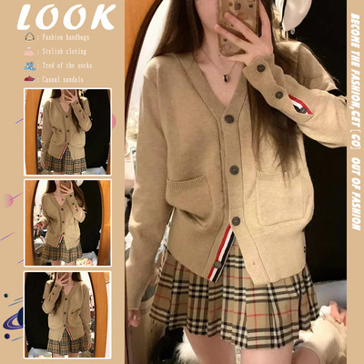 卡其色v领针织开衫外套女