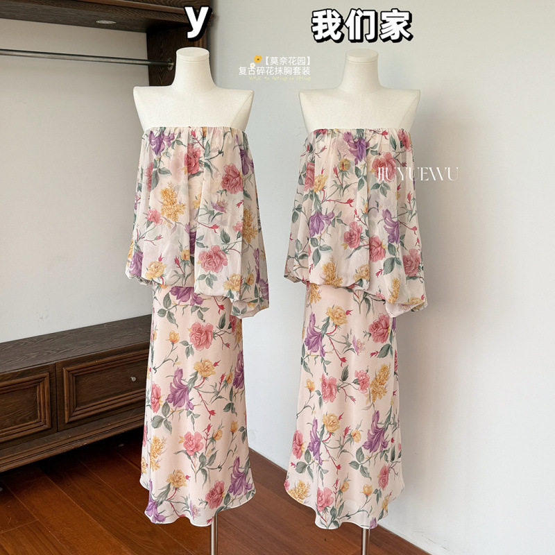 原版雪纺面料 原版做法 复古碎花抹胸套装女夏温柔鱼尾半裙两件套