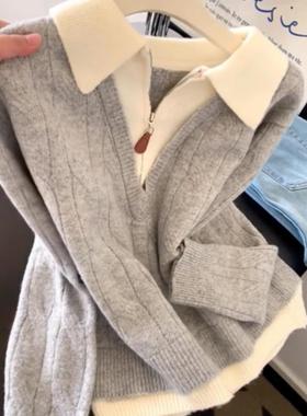 高级感半拉链假两件灰色毛衣女2025秋冬翻领可外穿内搭针织衫上衣