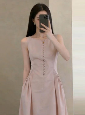 小个子巨好看法式粉色无袖连衣裙子女初夏独特漂亮高级感a字长裙