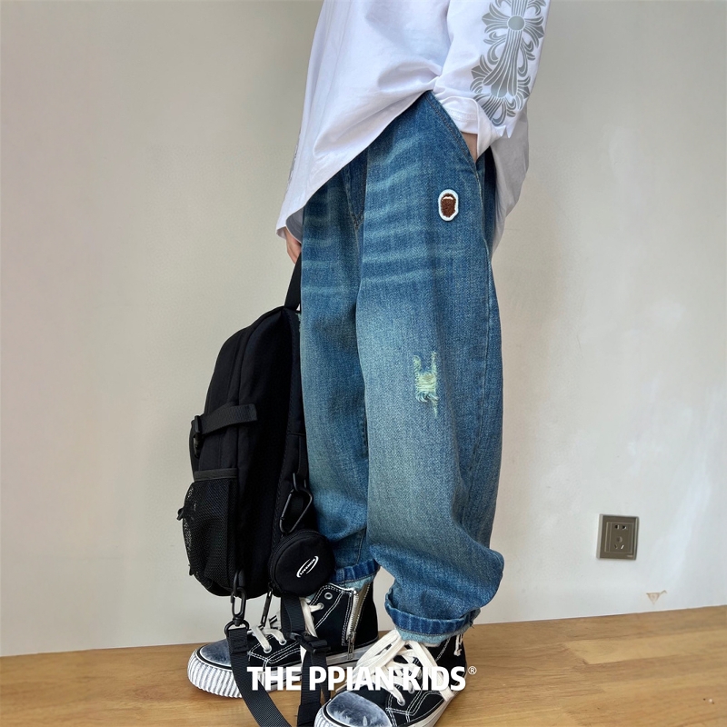 帅气高街百搭复古做旧破洞牛仔裤