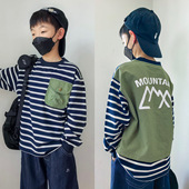 26春装 口袋上衣男童女童长袖 新款 儿童日系条纹贴布T拼接撞色工装