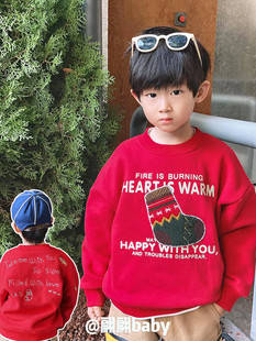 清仓 秋冬季日系刺绣字母男儿中童装红色圣诞袜加绒套头外套卫衣