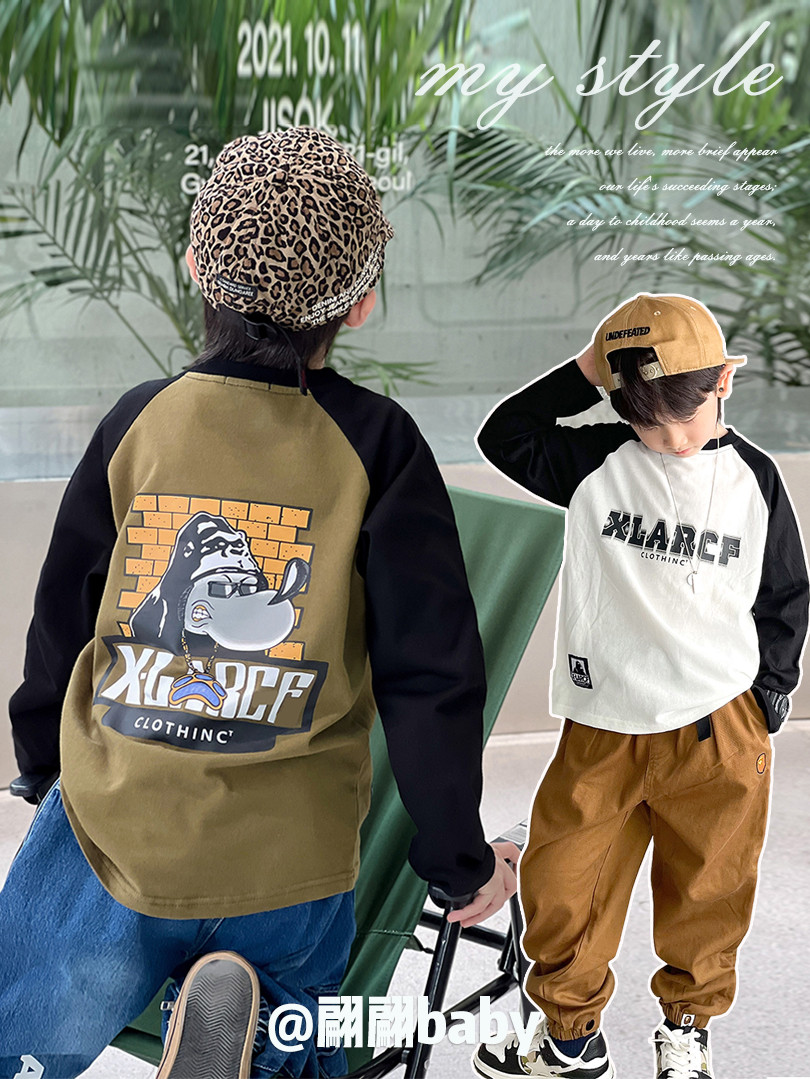 清仓 春秋季日系潮男儿童装纯棉休闲宽松洋气卡通插肩长袖圆领T恤