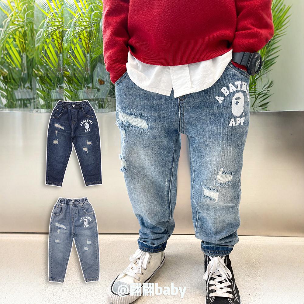 25春秋新款日系潮男儿童装纯棉破洞复古做旧百搭街头小脚牛仔长裤