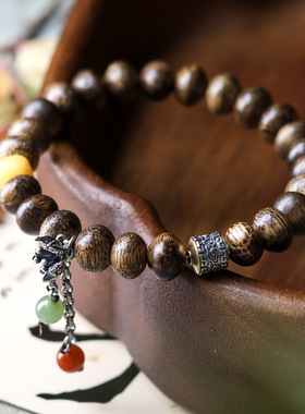 原创文莱沉香木手串国风蜜蜡三七银饰同款中式文玩好运佛珠