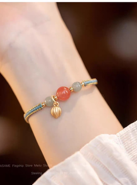 原创设计南红玛瑙转运珠小众手链中国风可调节编织手绳福牌礼物女