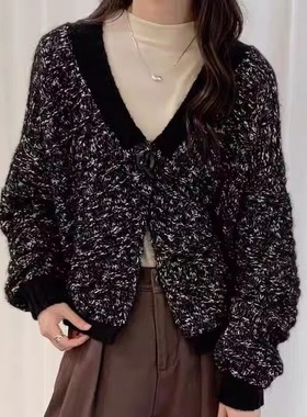 时尚V领花纱针织开衫女气质短款韩系减龄宽松显瘦上衣毛衣外套潮
