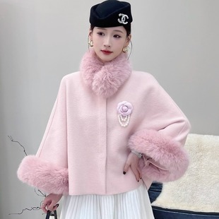 千金风仿狐狸毛领斗篷大衣女秋冬新款 上衣 高级感披肩毛衣外套短款