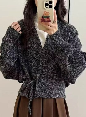 2025早秋新款时尚针织开衫女系带气质减龄宽松显瘦上衣大衣外套潮