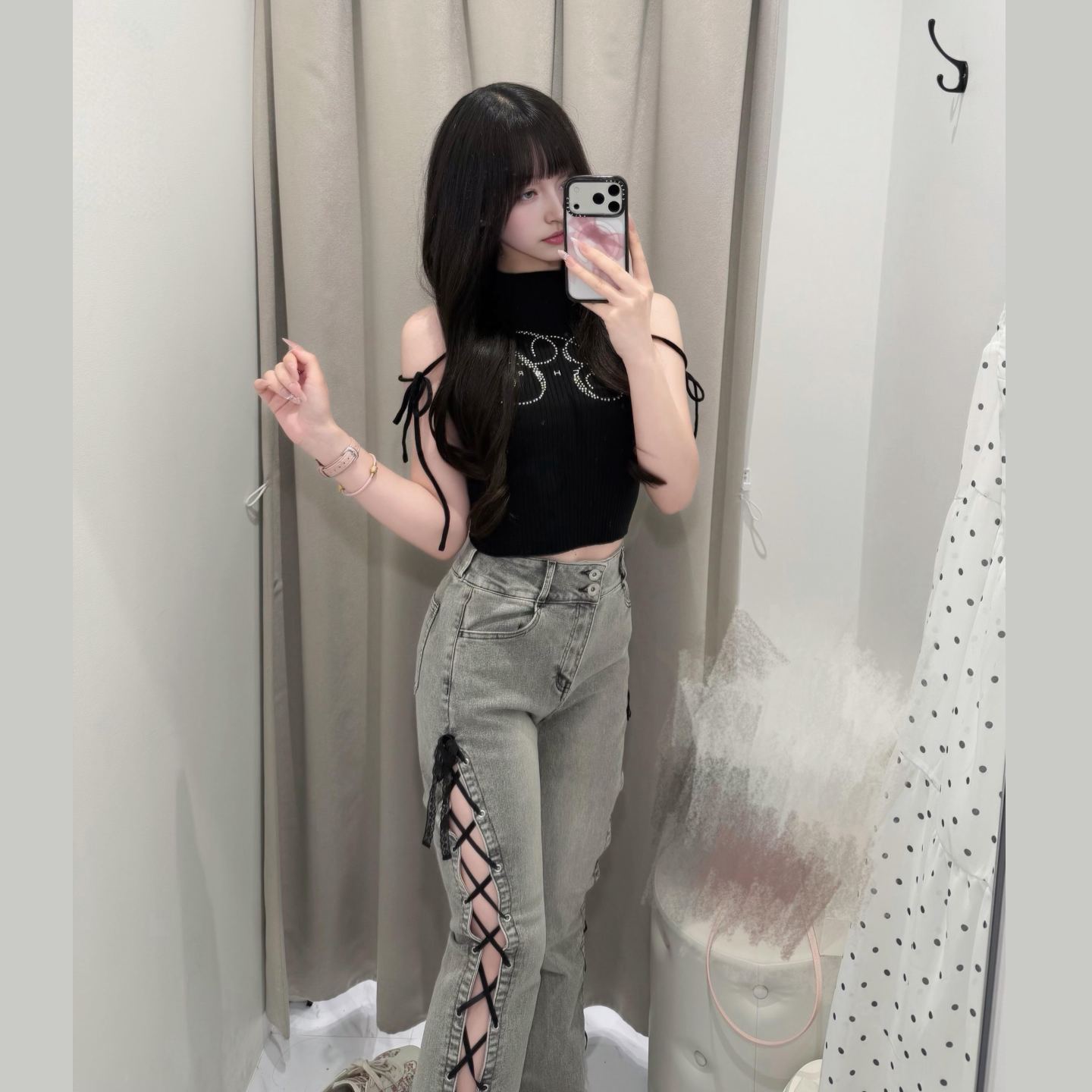 高腰侧绑带镂空微喇显瘦牛仔裤女图片