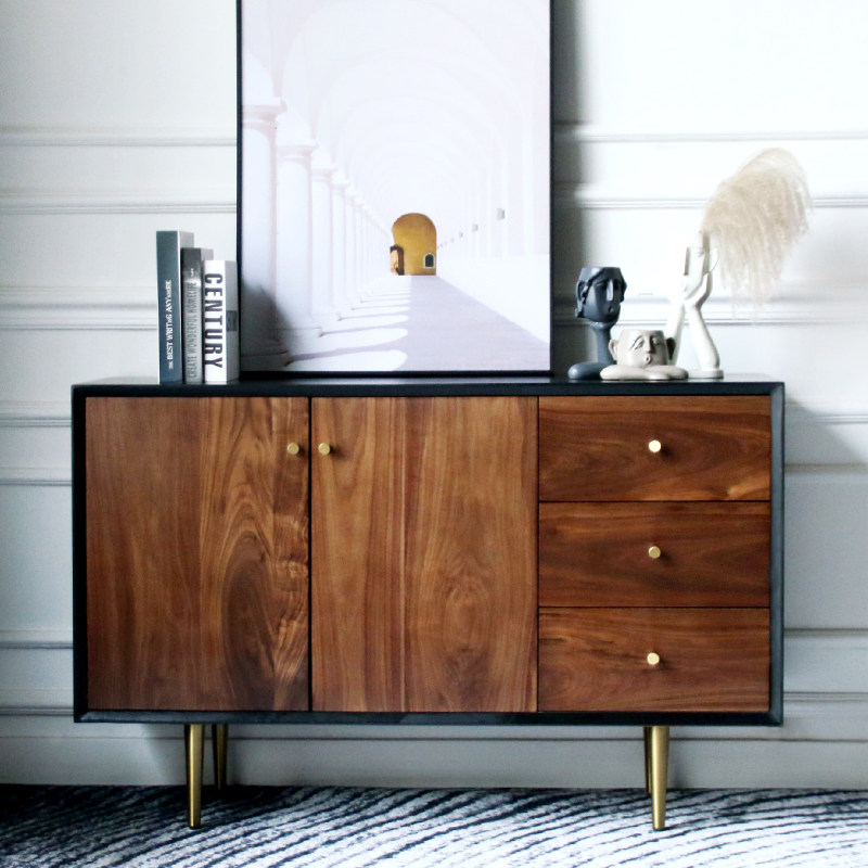 北欧实木餐边柜轻奢诧寂黑胡桃木双门客厅玄关柜茶水储物柜红橡木