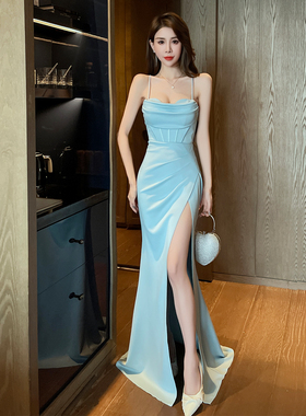 蓝色设计感晚礼服女鱼骨生日绑带名媛气质派对连衣裙高端轻奢鱼尾