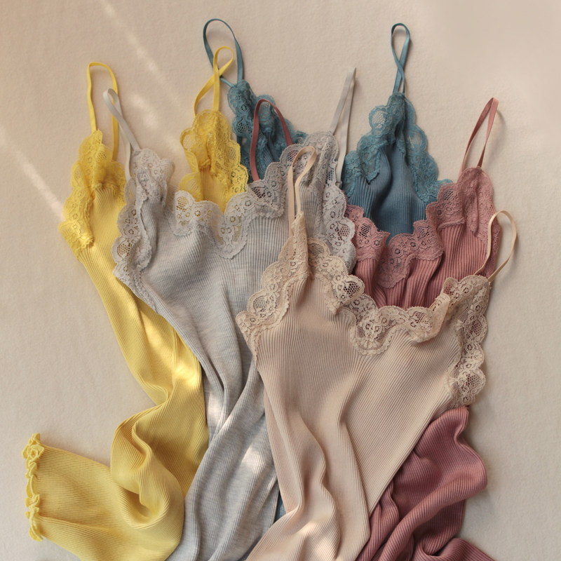 실크 코튼 스레드 레이스 바닥 캐미솔 일본 여성의 고탄력 슬림 피트 뽕나무 실크 중간 길이 여름 얇은