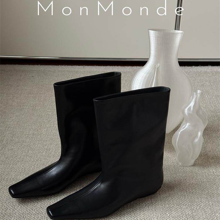 MonMonde-2024秋季新款 能塞进裤子的筒靴 骑士靴 牛皮小短靴