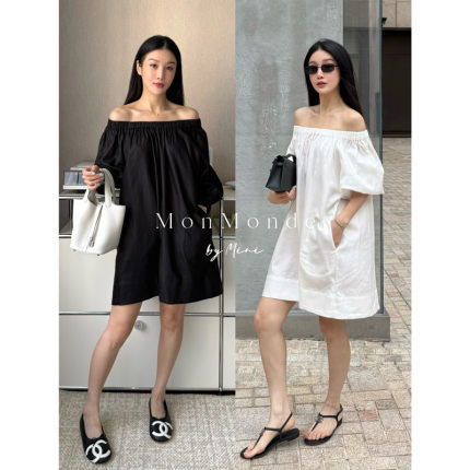 MonMonde2026夏款白色法式露肩一字肩泡泡袖娃娃裙中长款连衣裙