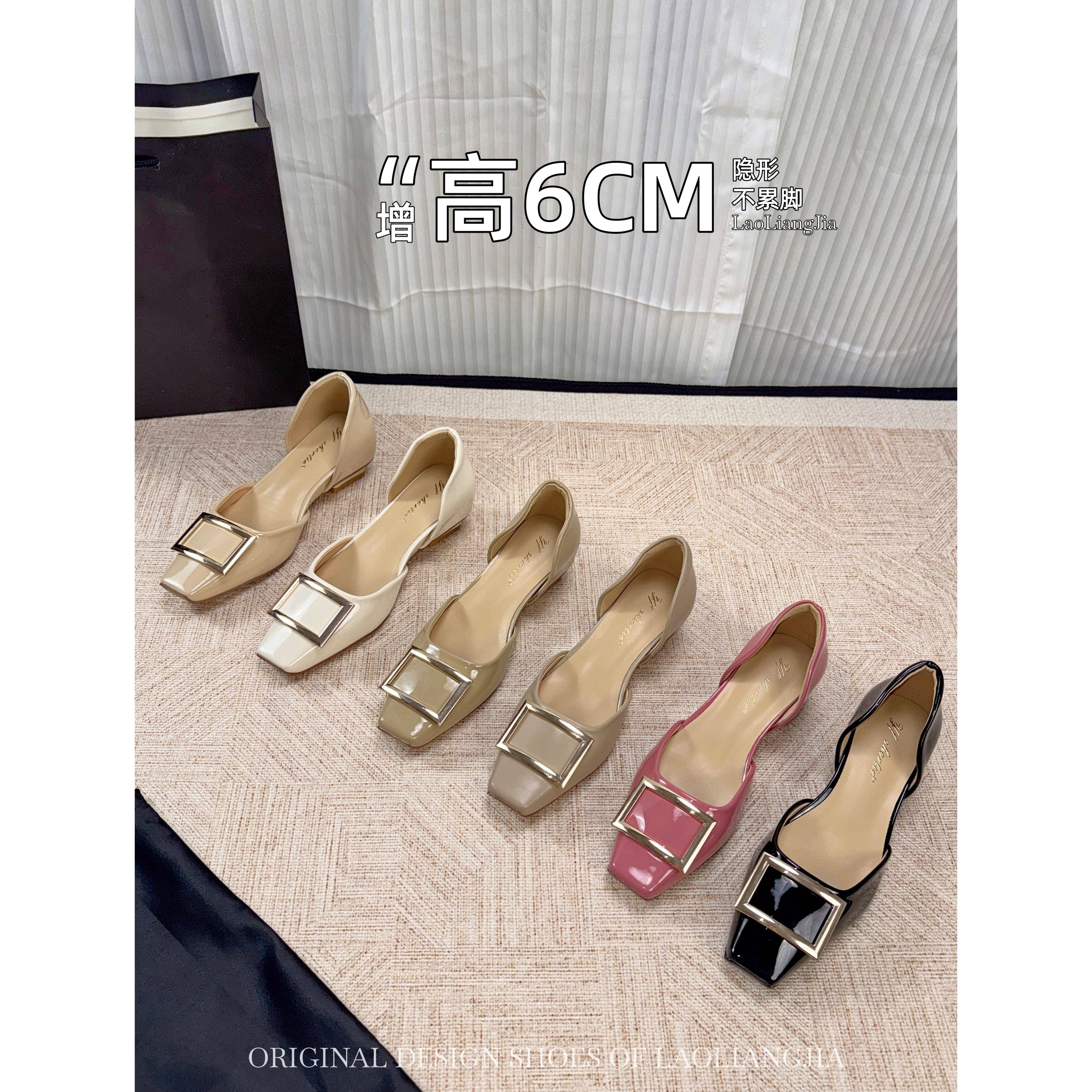 羊皮版~6cm内增高法式方头单鞋女浅口女士漆皮方扣温柔软底平底鞋