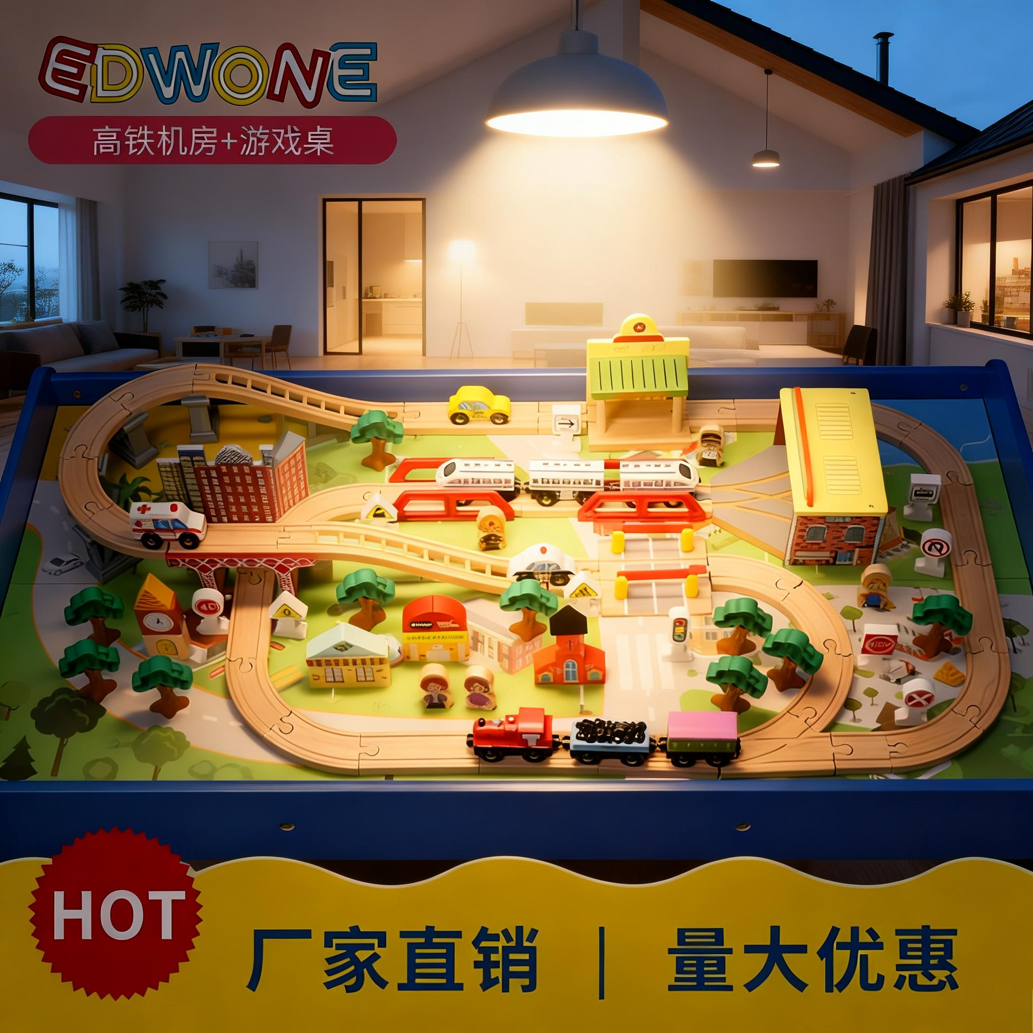 EDWONE立交铁路木轨道火车玩具游戏桌儿童拼装木质轨道火车玩具