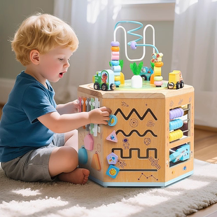 ce木制多功能绕珠忙碌盒百宝箱早教益智形状配对场景动脑玩具 cpc
