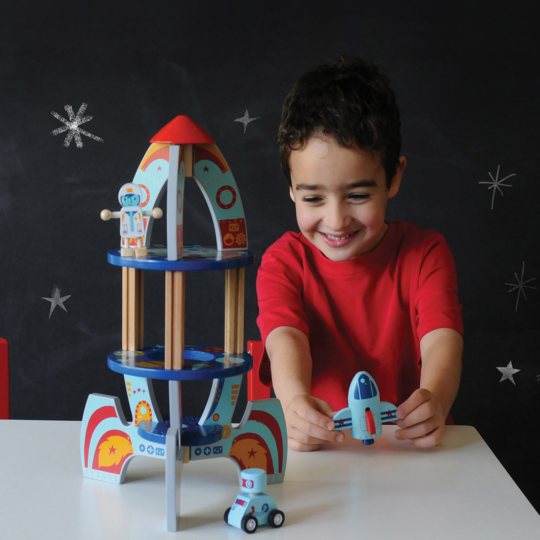 UDEAS出口火箭发射玩具幼教积木搭建教具儿童宇宙探索木质拼装