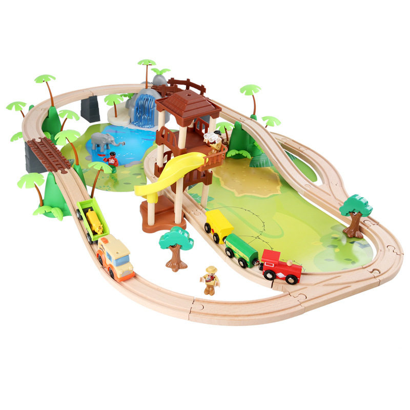 TIANQI WOODEN 107 PIECES LARGE JUNGLE TRACK WOOD ANIMAL SCENARIO SIMULATION SMALL TRAIN EDUCATIONAL TOYS