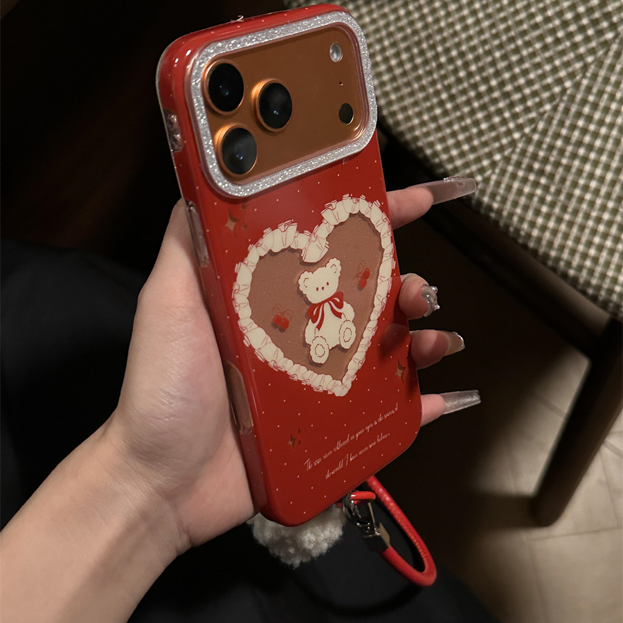 韩国复古酒红蕾丝波点爱心小熊适用iphone16pro手机壳苹果17新款15创意14pro女款17超火15promax防摔保护套
