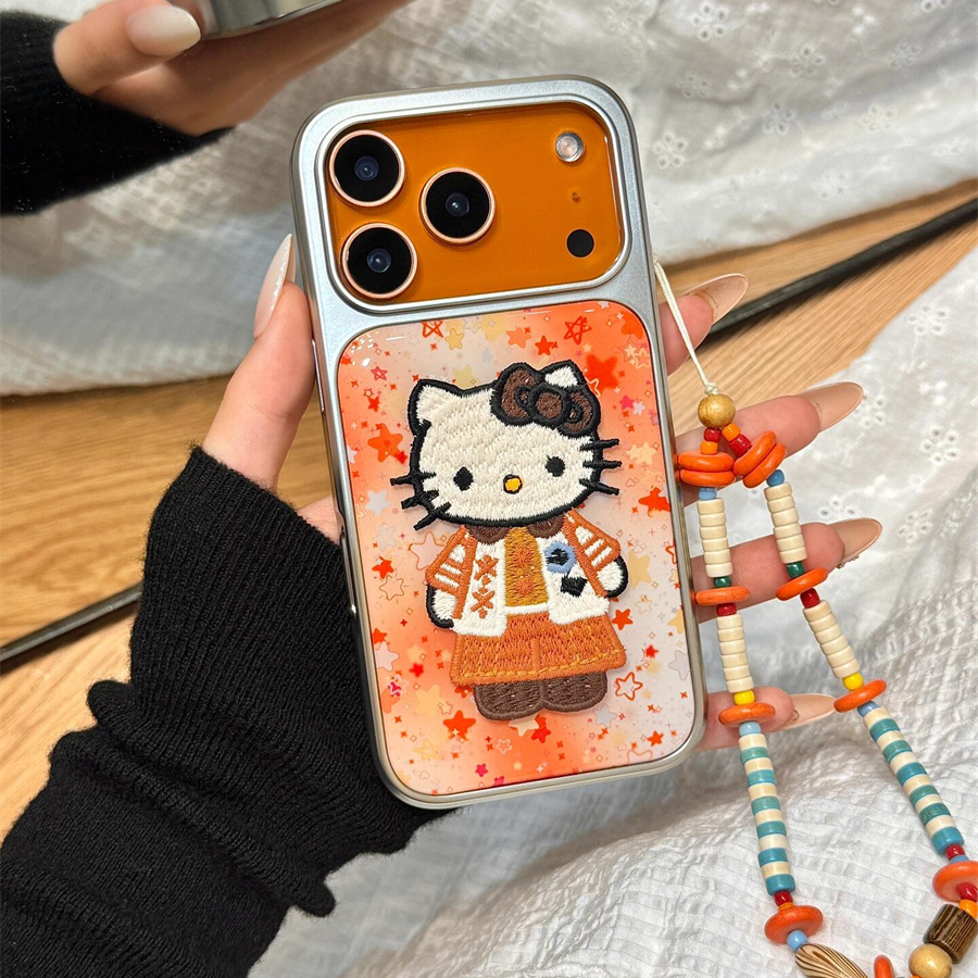 韩国橙色星星卡通刺绣猫电镀银适用iphone16pro手机壳苹果17新款15创意14pro女款17超火15promax防摔保护套