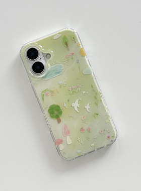 DGP 韩国ins风春日趣味绿色插画双层适用于iPhone16promax手机壳14苹果15pro硬壳13防摔新款女款超火小红书