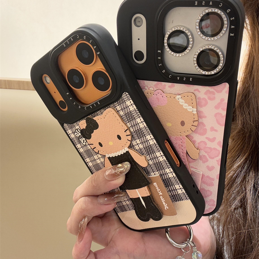 韩国可爱格纹豹纹卡通皮质黑皮猫适用iphone16pro手机壳苹果17新款15创意14pro女款17超火15promax防摔保护套